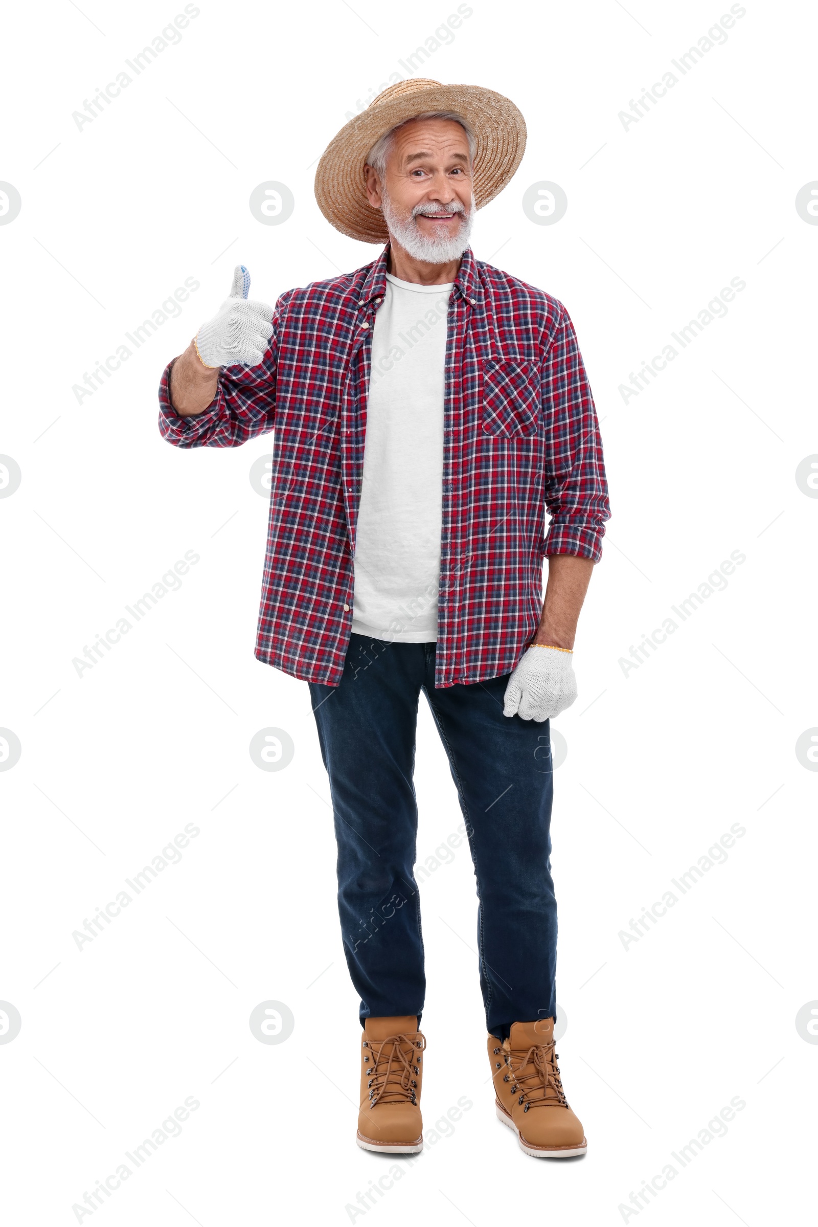 Photo of Happy farmer showing thumb up on white background. Harvesting season