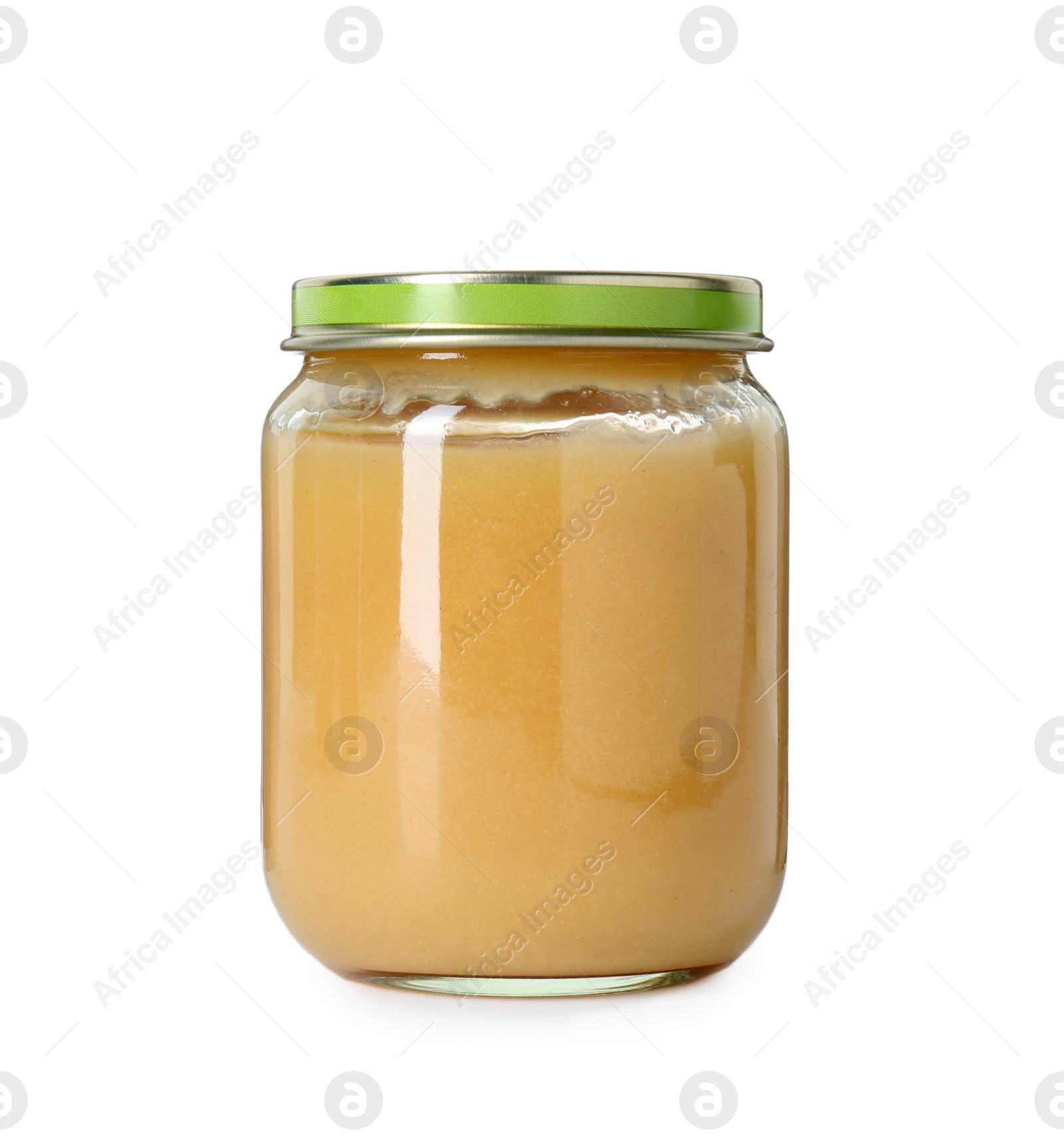 Photo of Baby food. Tasty healthy puree in jar isolated on white