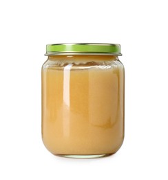 Baby food. Tasty healthy puree in jar isolated on white