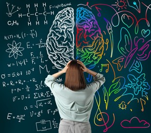 Image of Logic and creativity. Woman and illustration of brain hemispheres. Different formulas and bright drawings on chalkboard
