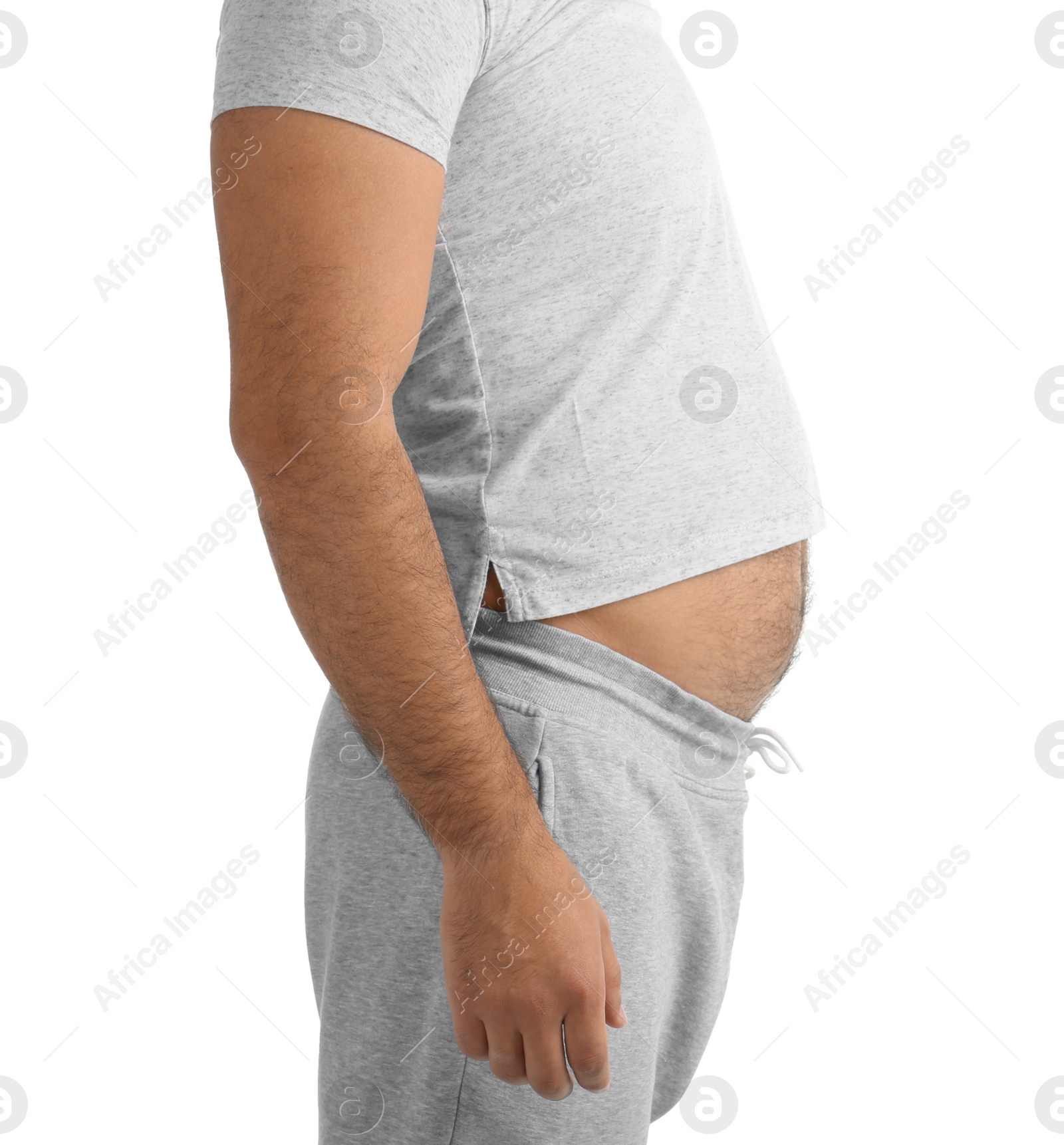 Photo of Overweight man on white background, closeup view