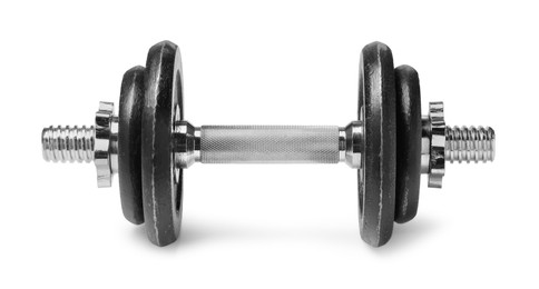 Photo of Metal dumbbell isolated on white. Sports equipment