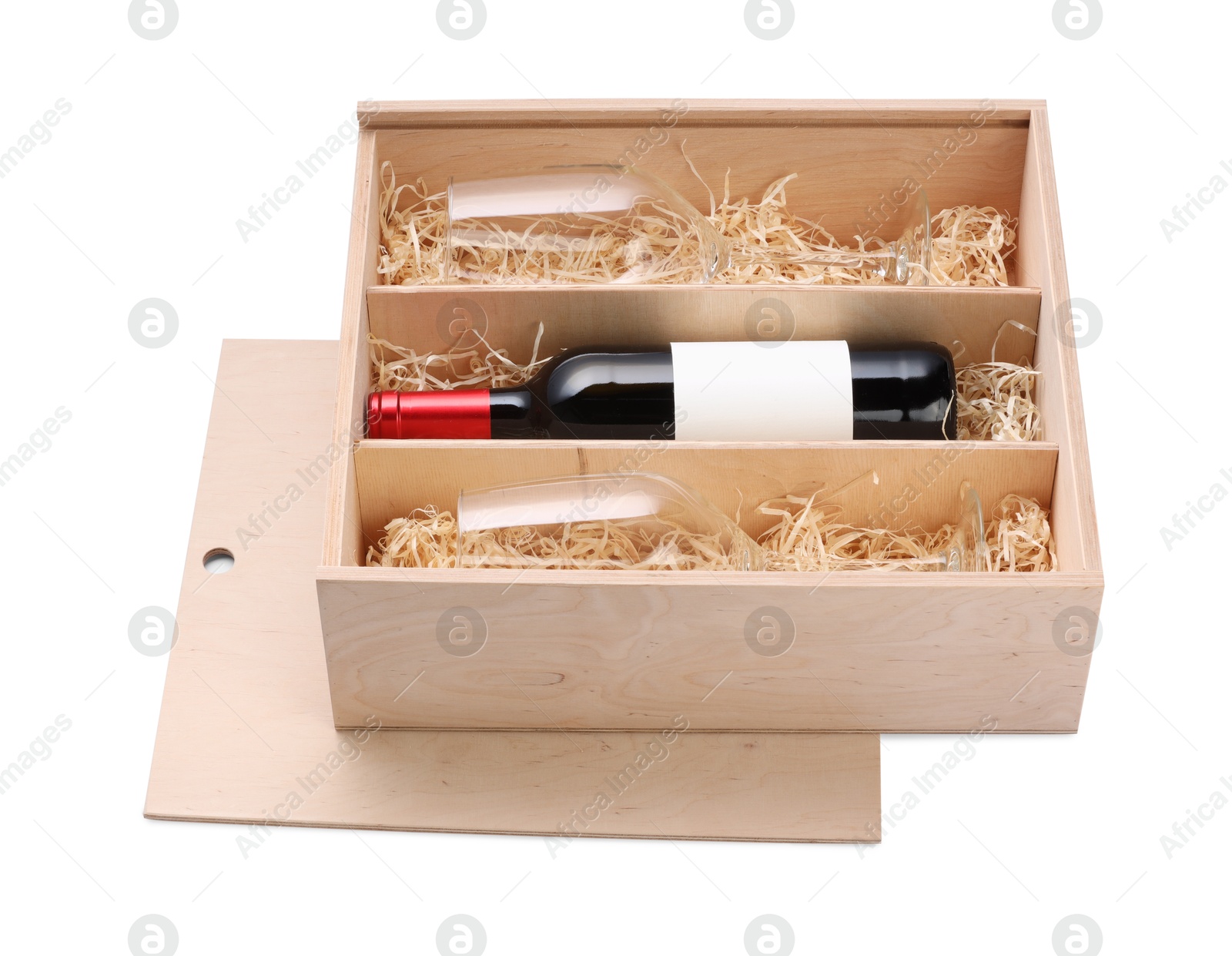 Photo of Wooden gift box with bottle of wine and glasses isolated on white