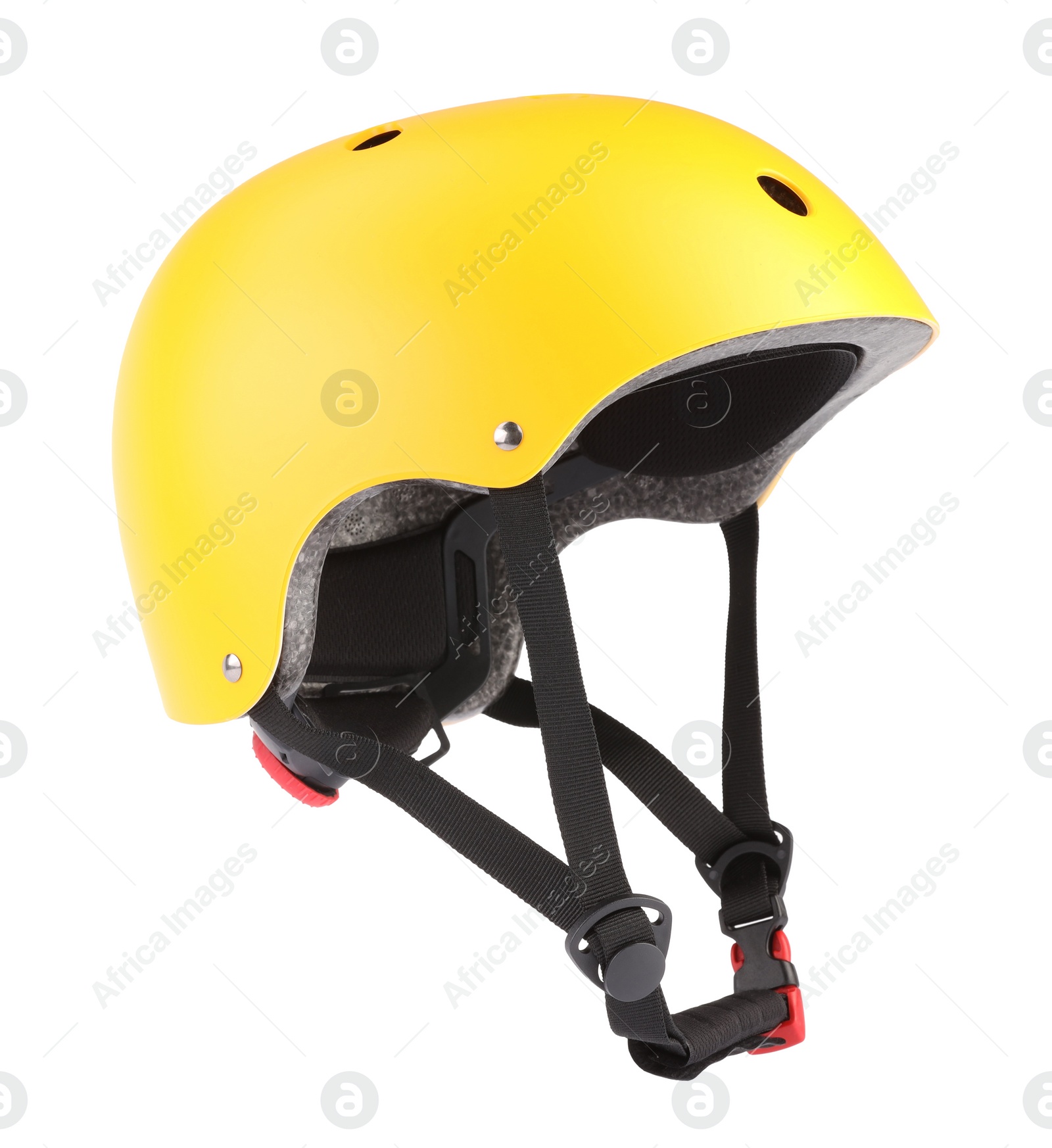 Photo of Yellow protective helmet isolated on white. Sports equipment