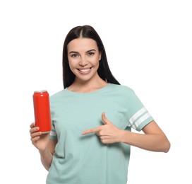 Photo of Beautiful happy woman holding red beverage can on white background