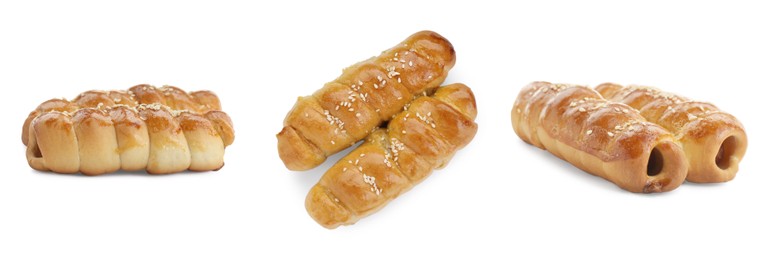 Image of Collage of tasty sausages in dough on white background, different sides