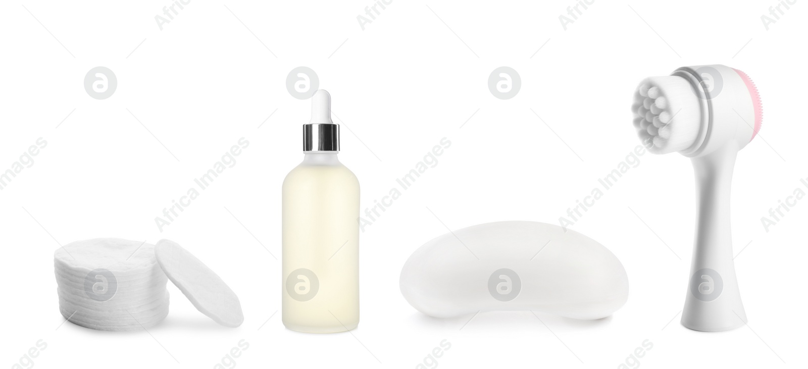 Image of Set with bottle of hydrophilic oil and tools for cleansing on white background. Banner design