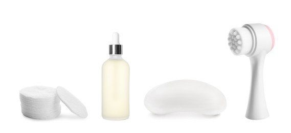 Image of Set with bottle of hydrophilic oil and tools for cleansing on white background. Banner design