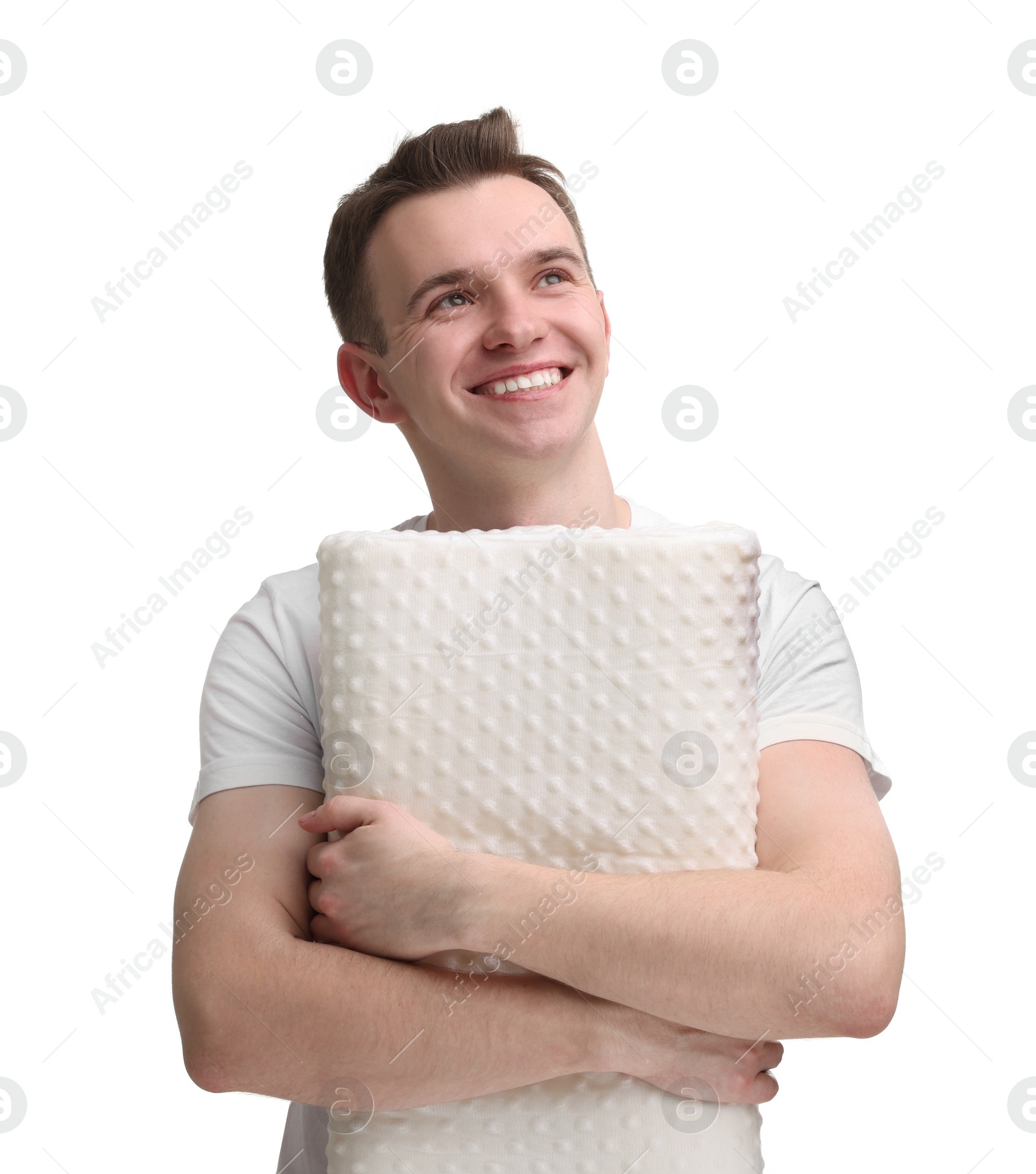 Photo of Man with orthopedic pillow on white background