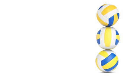 Image of Stack of volleyball balls on white background. Space for text