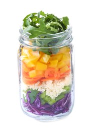 Photo of Healthy salad in glass jar isolated on white