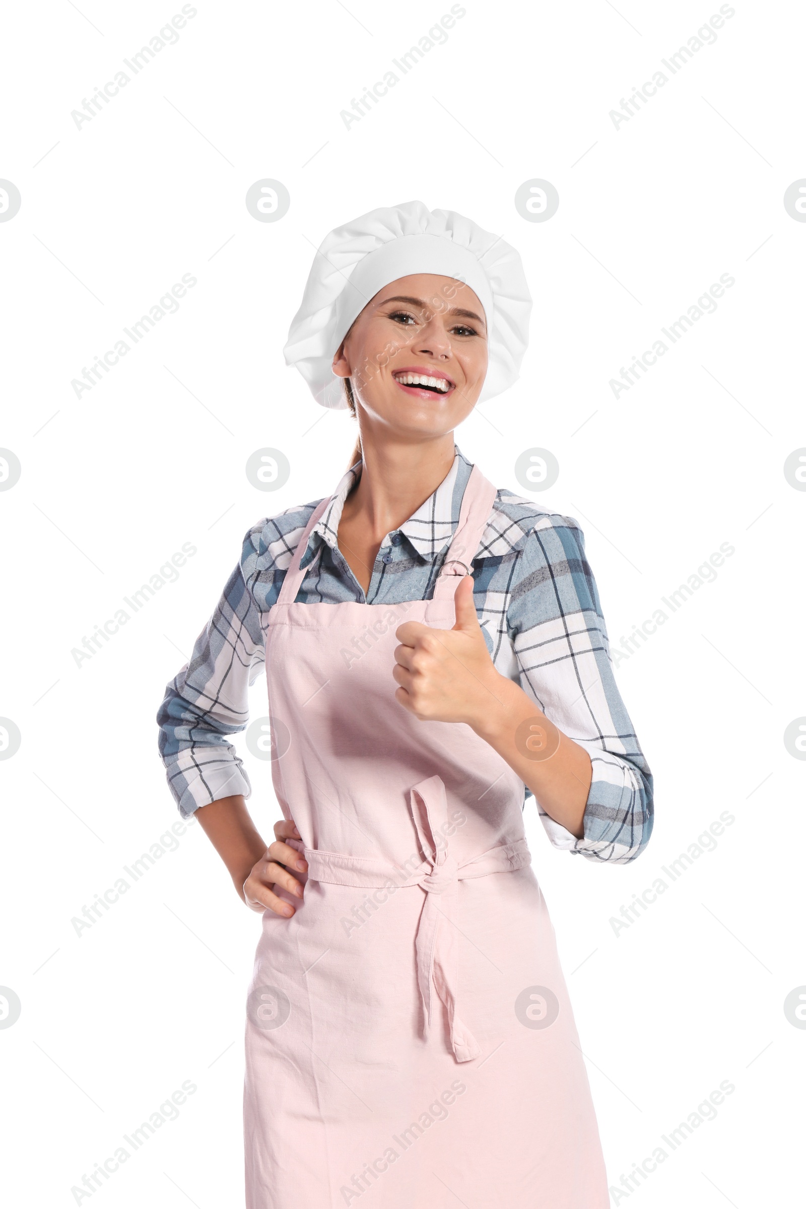 Photo of Female chef showing thumb up sign on white background