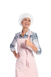Photo of Female chef showing thumb up sign on white background