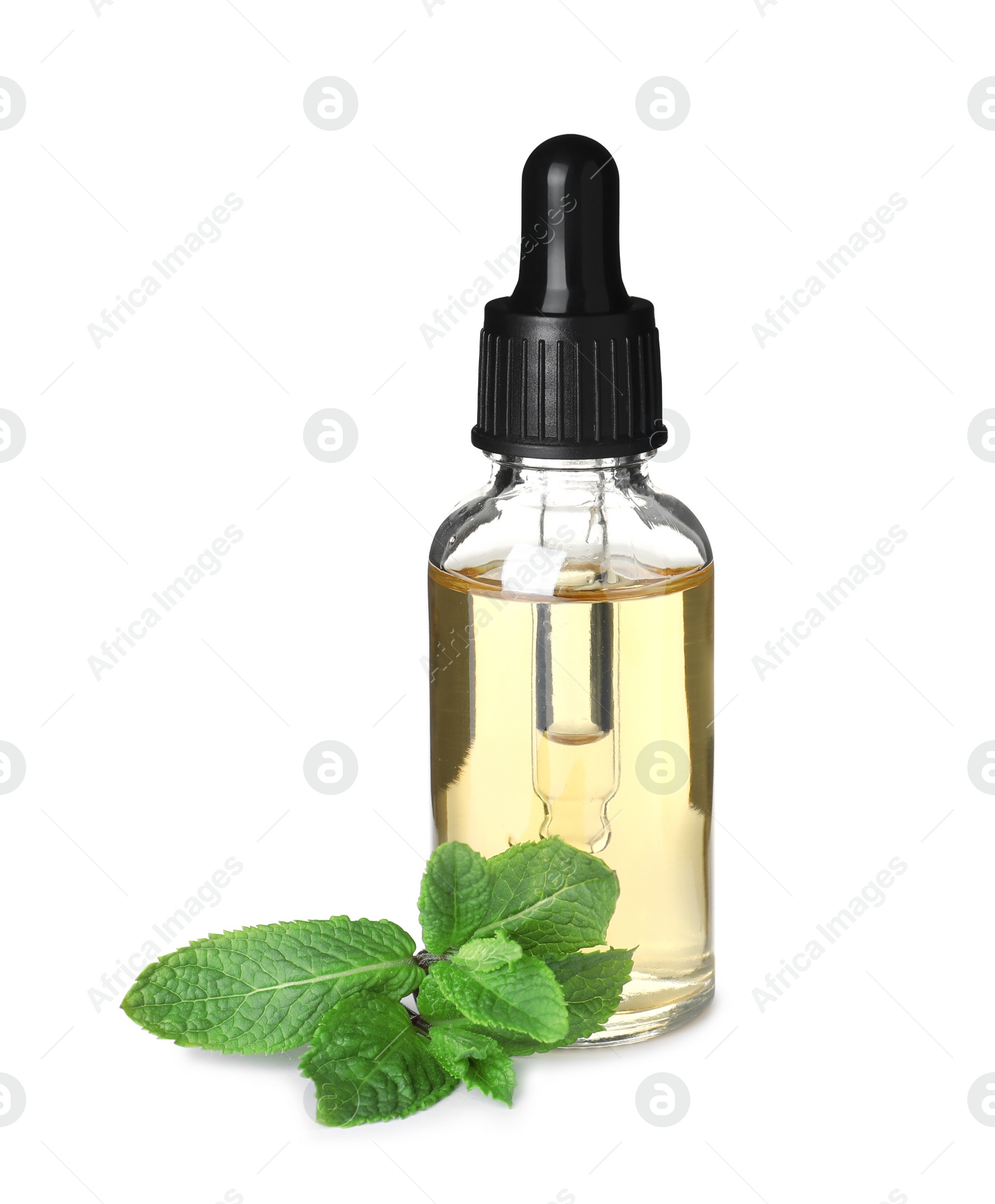 Photo of Little bottle of essential oil and mint on white background