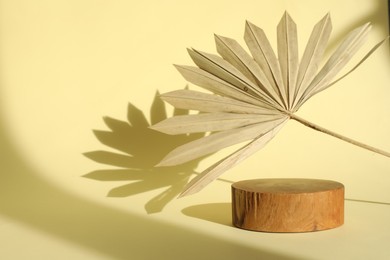 Presentation of product. Wooden podium and palm leaf on yellow background. Space for text