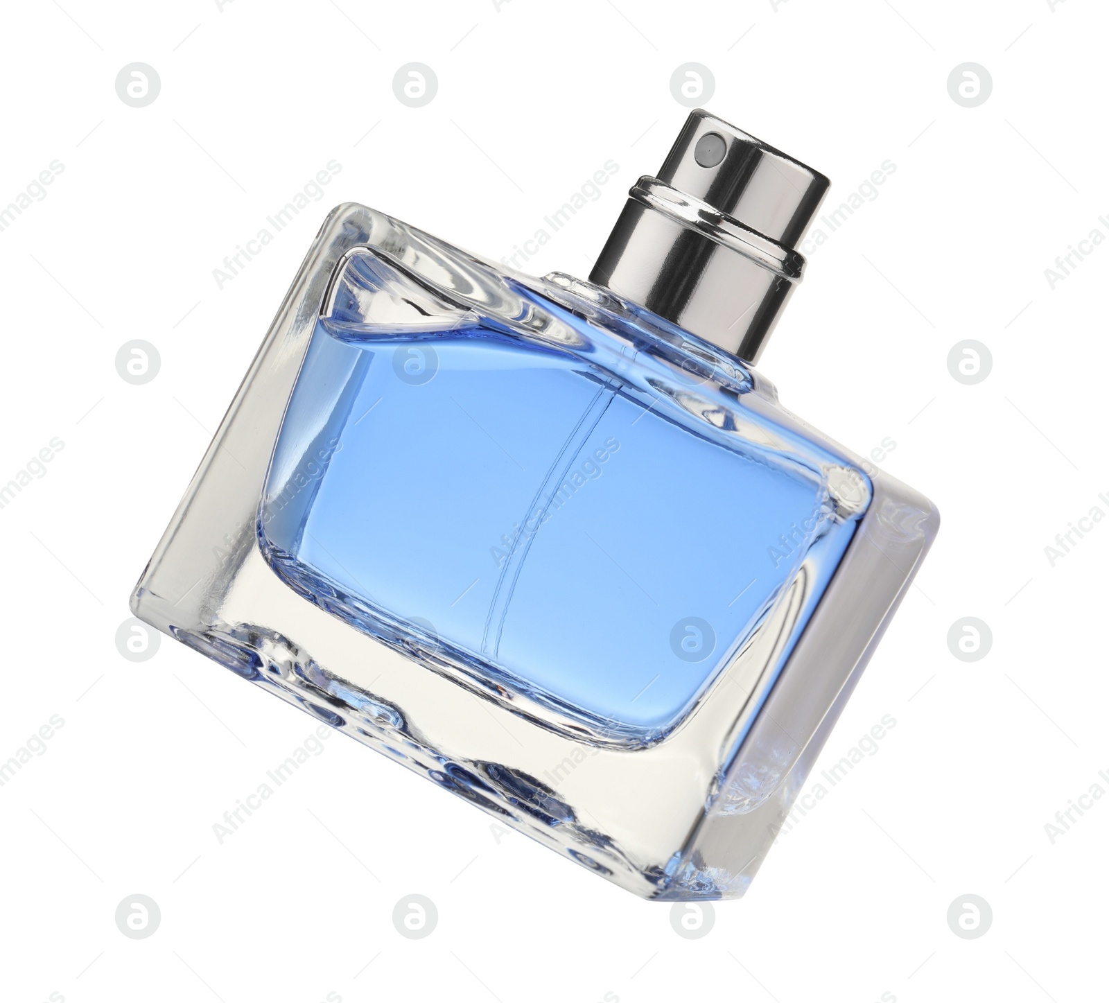 Photo of Blue men's perfume in bottle isolated on white