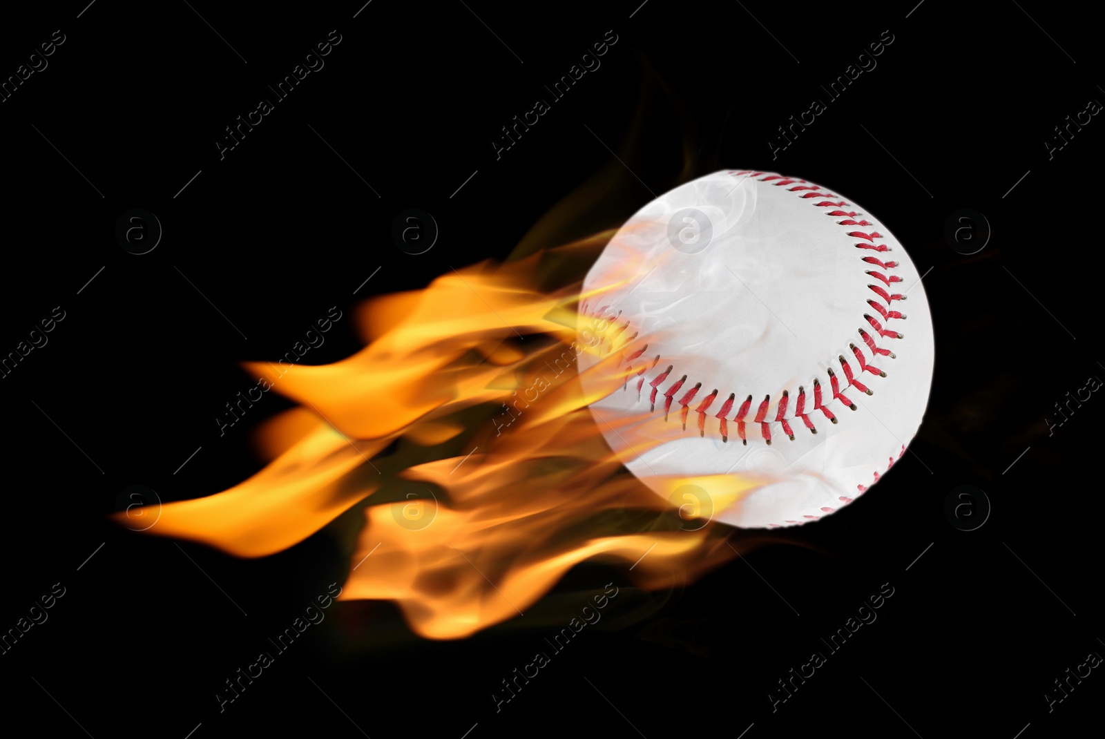 Image of Burning baseball ball flying at high speed on black background