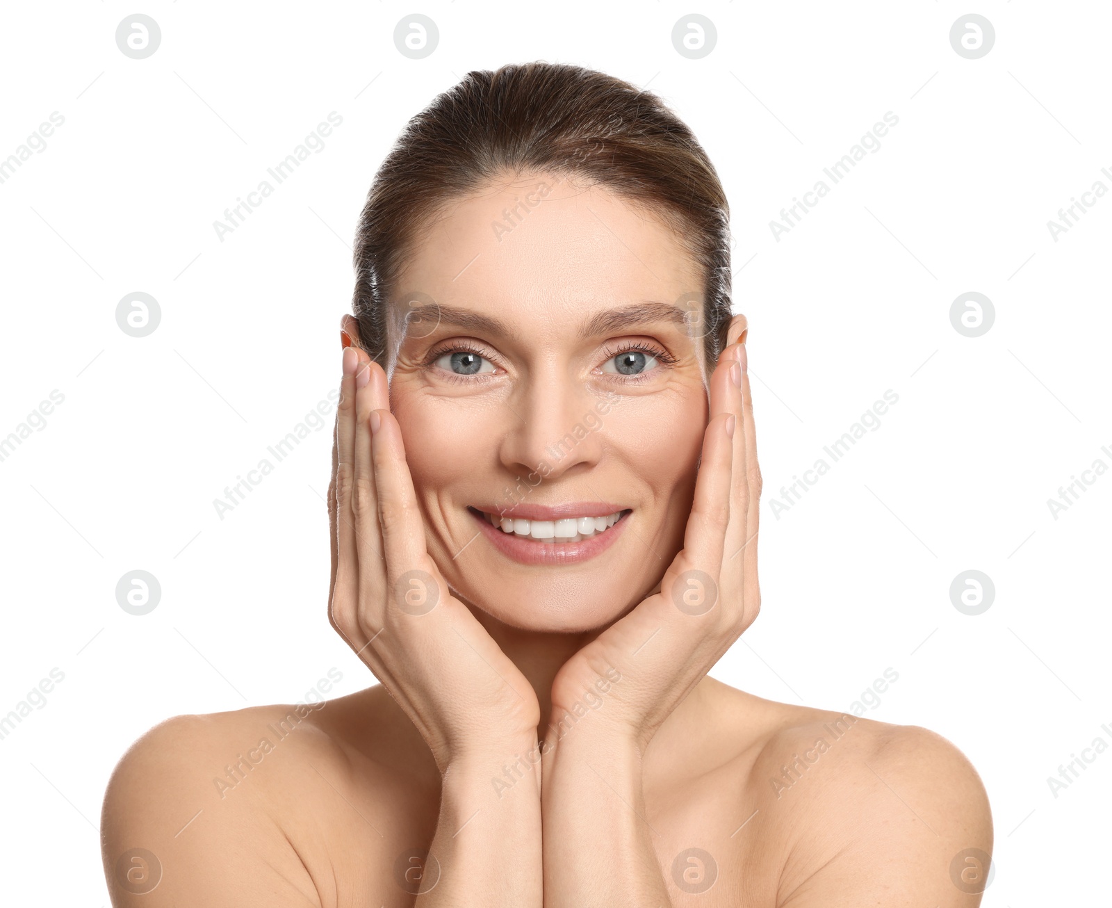 Photo of Woman massaging her face on white background