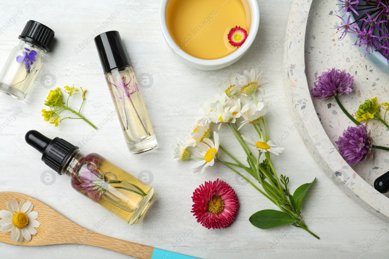 Photo of Flat lay composition with bottles of essential oils and ingredients on light background