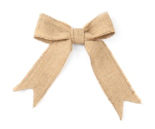 Photo of Bow made of burlap fabric isolated on white, top view
