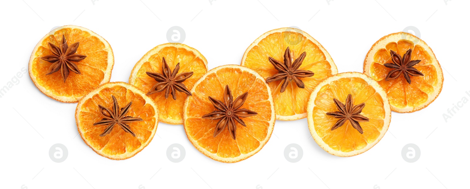 Photo of Dry orange slices and anise stars isolated on white, top view