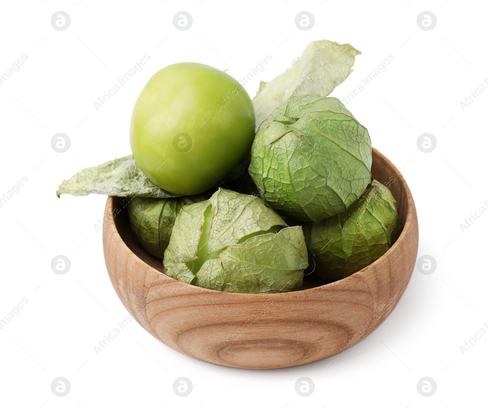 Photo of Bowl of fresh green tomatillos with husk isolated on white