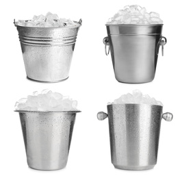 Image of Set of different metal buckets with ice cubes on white background 