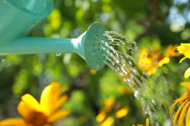 Photo of Sprinkling water onto flowers from watering can in beautiful garden, closeup