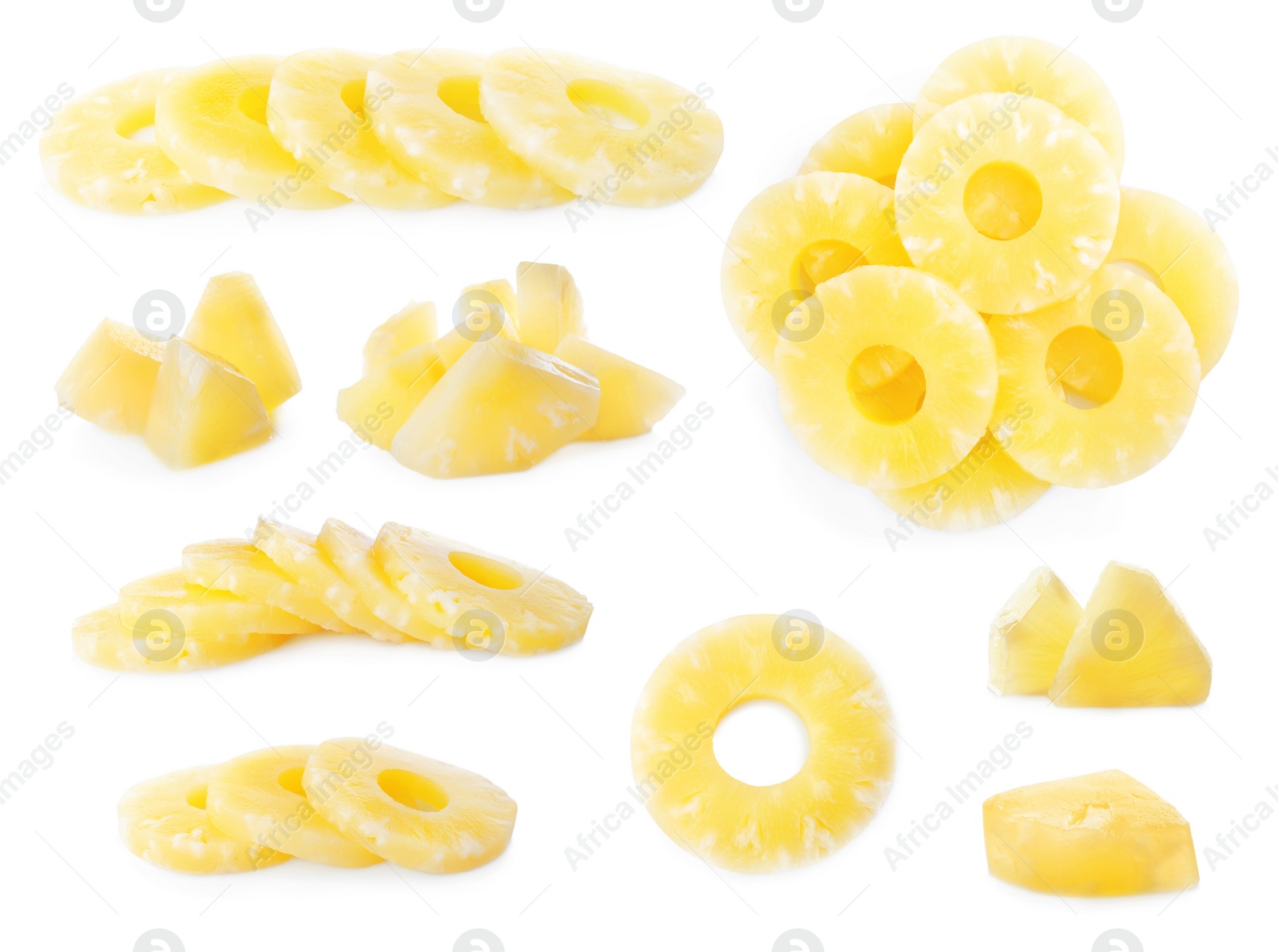 Image of Set of canned pineapple rings and pieces on white background