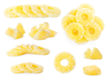 Image of Set of canned pineapple rings and pieces on white background