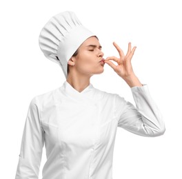 Photo of Female chef showing perfect sign on white background