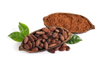 Photo of Composition with cocoa beans and powder on white background