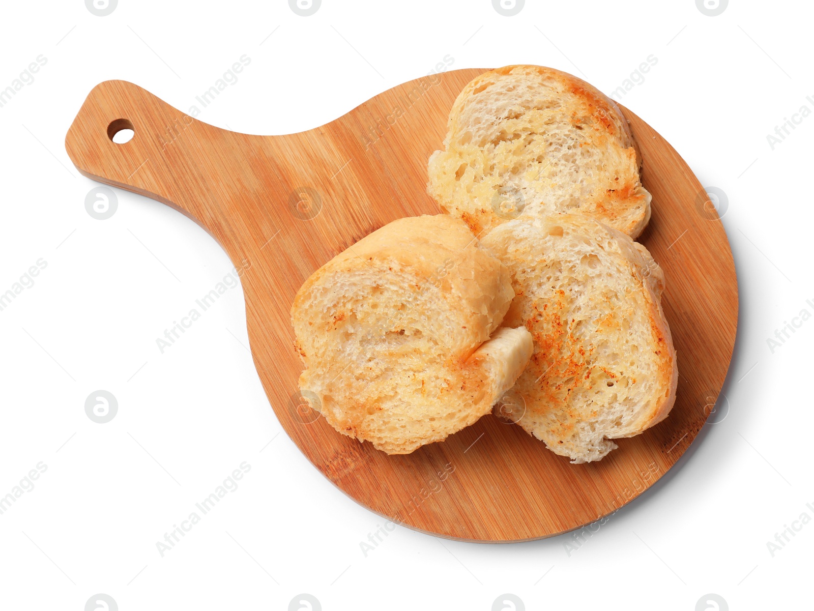 Photo of Pieces of toasted bread isolated on white, top view