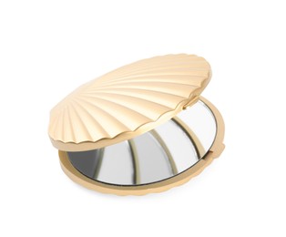 Photo of Gold cosmetic pocket mirror isolated on white