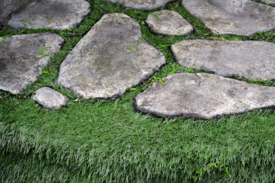 Photo of Stone pathway and green lawn, closeup view