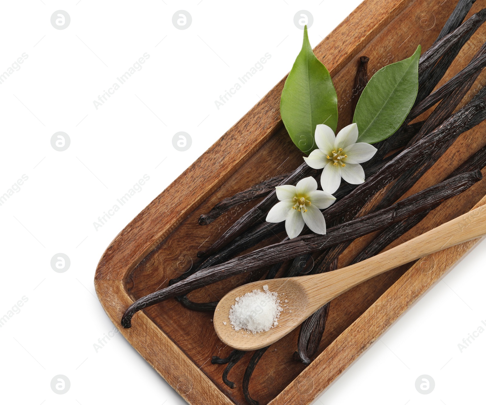 Photo of Vanilla pods, green leaves, spoon with sugar and flowers isolated on white, top view