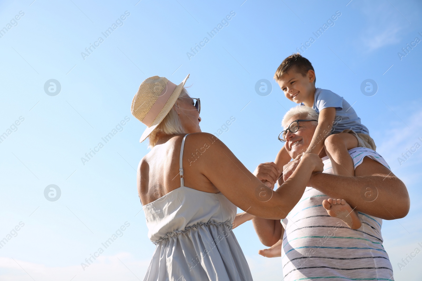 Photo of Cute little boy with grandparents spending time together on sunny day outdoors