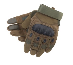 Tactical gloves on white background, top view. Military training equipment