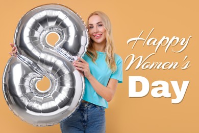 Image of Happy Women's Day - March 8. Attractive lady holding foil balloon in shape of number 8 on light orange background