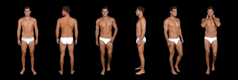 Collage of man in underwear on black background. Banner design 