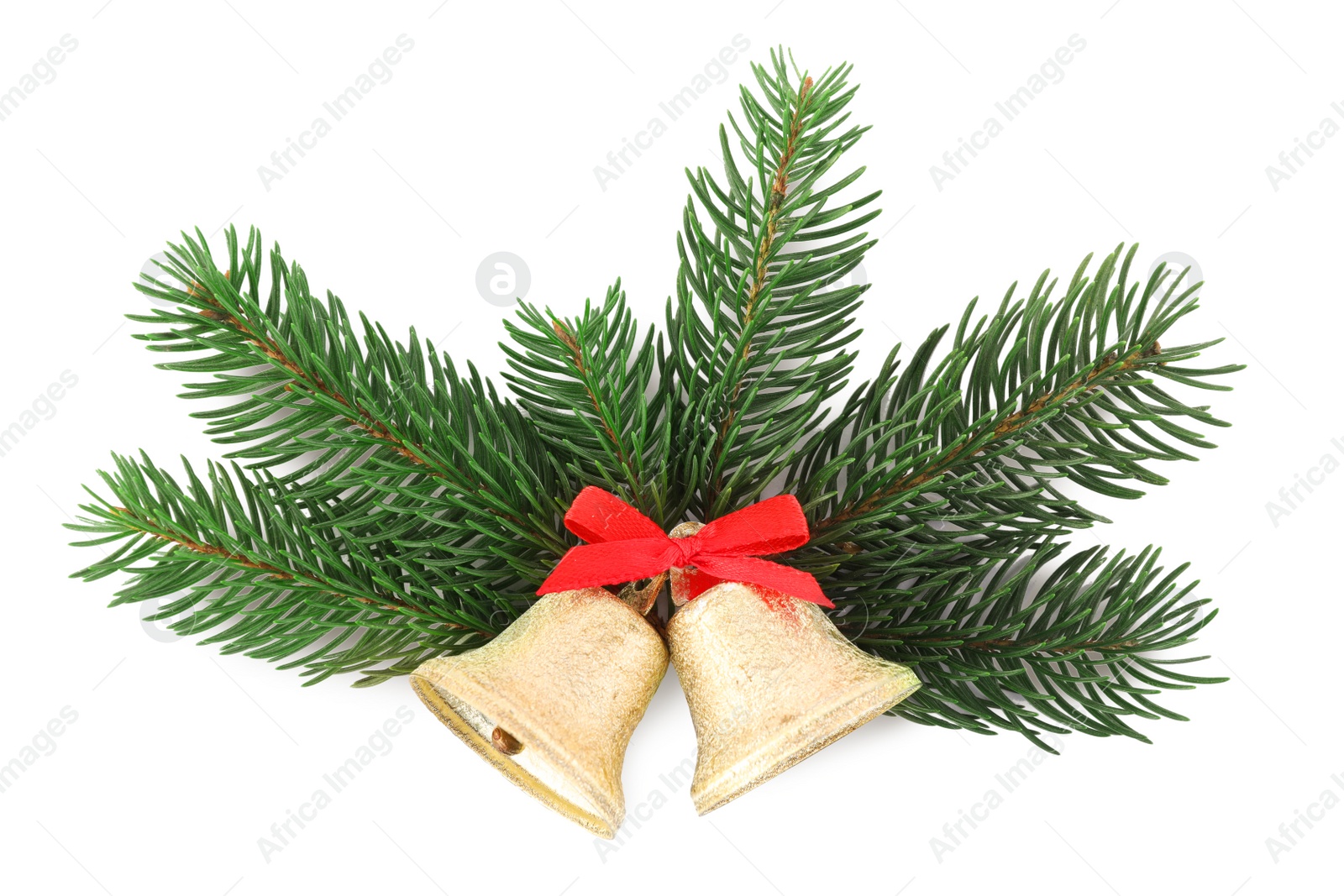 Photo of Golden shiny bells with bow and fir branches isolated on white. Christmas decoration