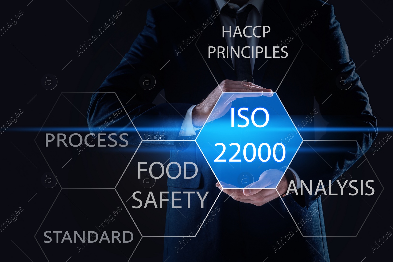 Image of Businessman holding virtual icon with text ISO 22000 on dark background, closeup 