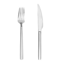 Image of Shiny silver knife and fork on white background, top view