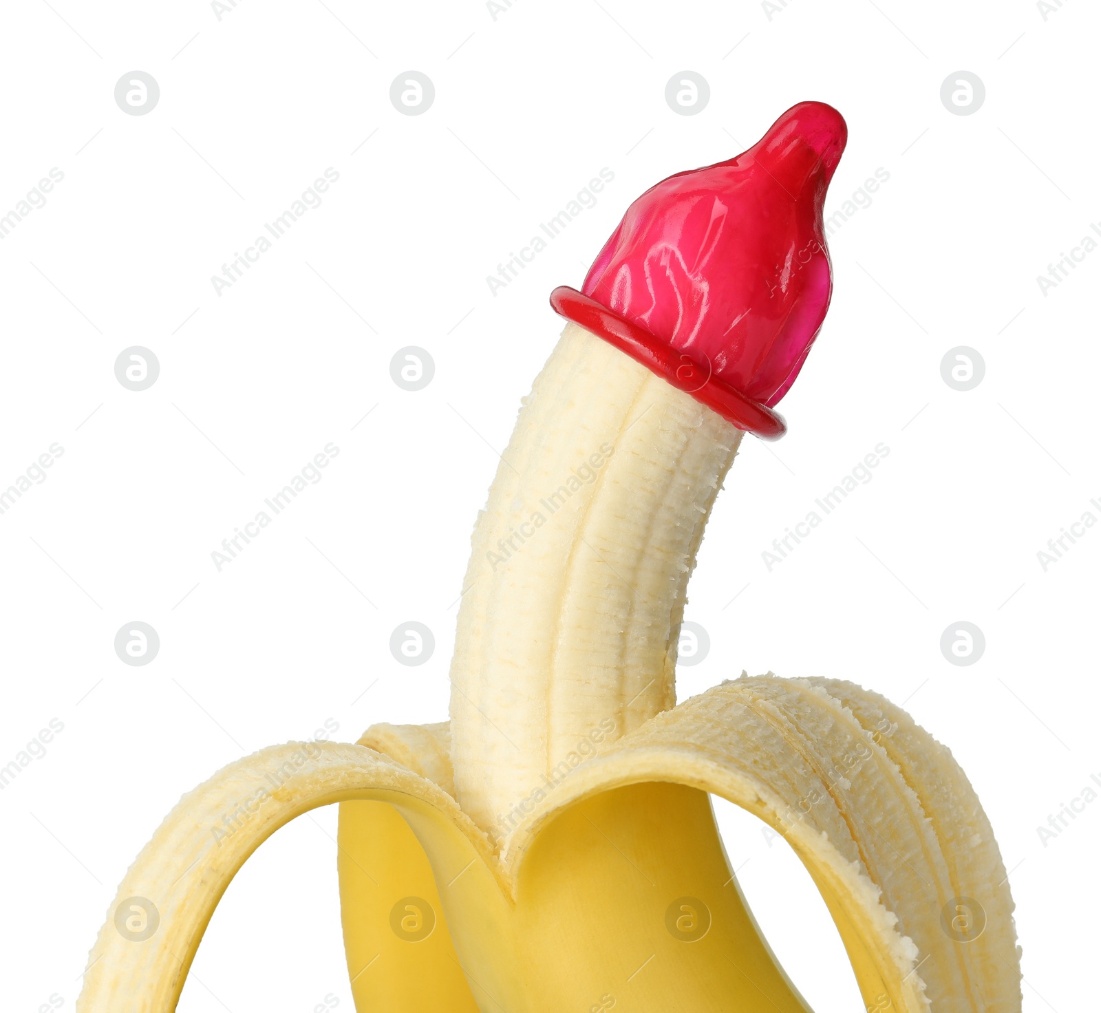 Photo of Banana with condom isolated on white. Safe sex concept