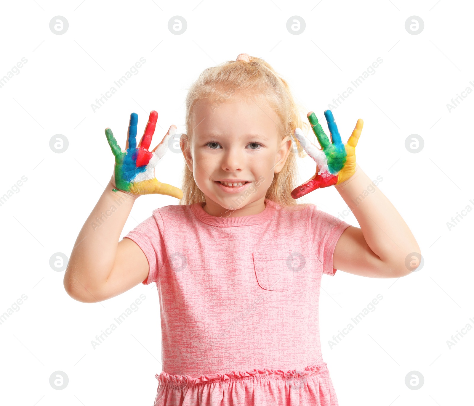 Photo of Little child with painted hands on white background