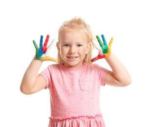 Little child with painted hands on white background