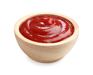 Tasty ketchup in wooden bowl isolated on white. Tomato sauce