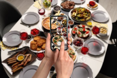 Image of Woman taking picture of table with different delicious food indoors, above view