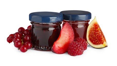 Photo of Jar of sweet jam and fresh ingredients on white background