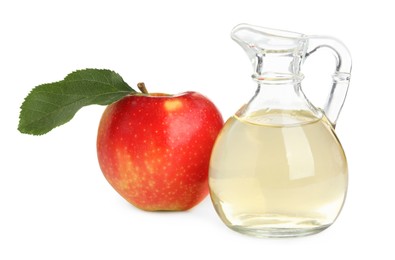 Photo of Natural apple vinegar and fresh fruit on white background